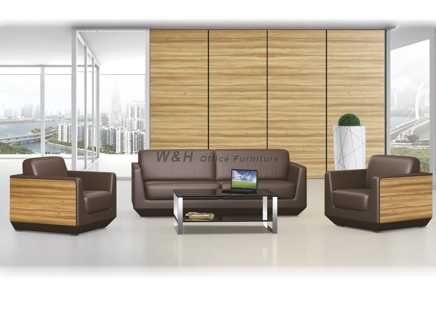 Wooden + leather brown office business sofa